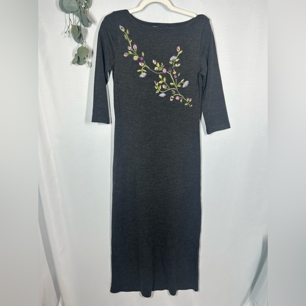 NWT Nina Leonard | Wool Maxi Length Dress Floral Embroidery 3/4 Sleeves Size XS